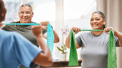 Image showing Physical therapy, stretching and senior couple with nurse teamwork, support and help in rehabilitation together. Elderly black people or friends smile with band in physiotherapy with strong progress