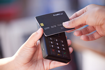 Image showing Shopping, hands and payment with nfc credit card for woman customer checkout transaction zoom. Contactless electronic machine purchase tech at store with bank card for digital money transfer.