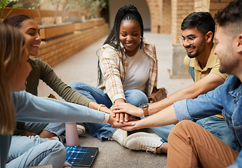 Image showing Teamwork, hands and collaboration of students in university for unity or motivation. Support, solidarity and group of people or friends huddle for education goals, learning targets or team building.