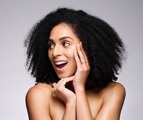 Image showing Face, beauty skincare and surprise of black woman in studio on a gray background. Makeup cosmetics, wow and thinking female model shocked with facial transformation after luxury spa skin treatment.