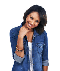 Image showing Portrait, fashion and denim with a model black woman in studio isolated on a white background for style. Marketing, advertising and branding with an attractive young female posing on blank space