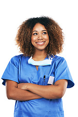 Image showing Healthcare, nurse and black woman with arms crossed in studio isolated on a white background. Medical, thinking and confident, proud and happy female physician with ideas, thoughts or contemplating.