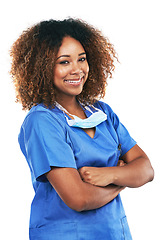 Image showing Arms crossed, black woman and portrait of nurse in studio isolated on white background. Medic, healthcare and confident, proud and happy female medical physician from Nigeria ready for wellness goals