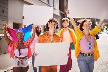 Image showing Lgbt protest, poster and group of people walking in city street for activism, human rights and equality. Freedom, diversity and lgbtq community crowd with mockup billboard space for social movement