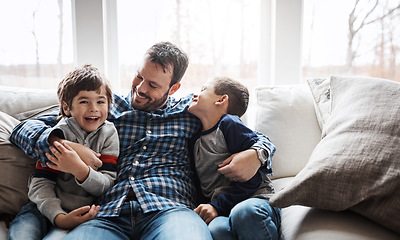 Image showing Hug, happy and portrait of father with children on the sofa for love, care and relax in family home. Smile, funny and dad with boy kids for quality time, affection and comedy on the couch of a house