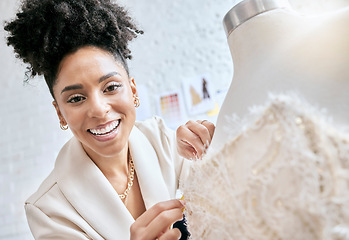 Image showing Fashion, designer and smile with mannequin and black woman in workshop for planning, manufacturing and retail. Creative, idea and fabric with girl and couture dress in studio for small business