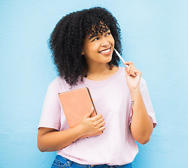 Image showing Black woman, writer and thinking with notebook, smile and daydreaming for project, notes and girl on blue studio background. Jamaican female, lady and creative with ideas, decisions or happy student