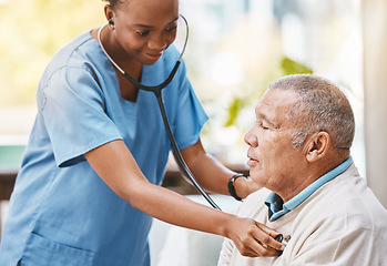 Image showing Nurse, senior patient and stethoscope for healthcare service, caregiver career or heart check in hospital, clinic or retirement home. Nursing, consulting and cardiology of elderly man and black woman