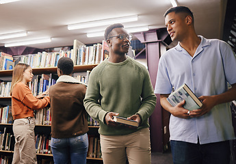 Image showing Education, students or friends in library at university, college or school learning, talking or studying. Studying, scholarship or young men with books for knowledge growth or future development