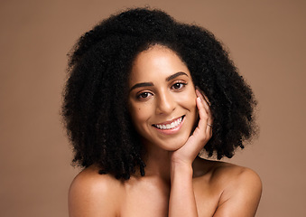 Image showing Black woman, happiness portrait and skincare beauty afro hair care wellness, face glow and natural cosmetics dermatology in brown background studio. African model, smile and salon spa facial headshot