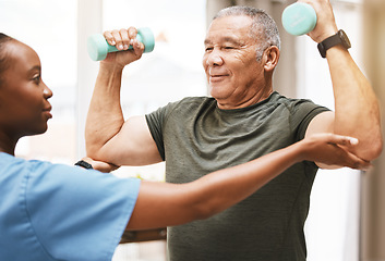 Image showing Medical, training and physiotherapy with dumbbell and old man with nurse for rehabilitation, support and retirement. Healthcare, help and physical therapy with patient and black woman in nursing home