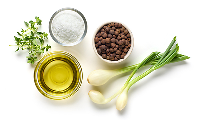 Image showing oil, salt, pepper and herbs