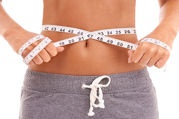 Image showing Fitness, health and woman with tape measure for stomach in studio isolated on a white background. Diet, wellness and slim female model measuring waist to track weightloss goals, progress or targets.