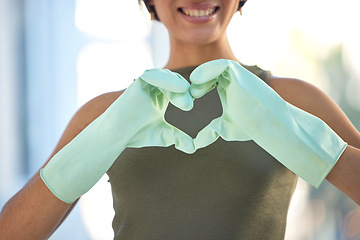 Image showing Cleaner with heart hand, love cleaning with woman, housekeeping with gloves for safety, disinfection and health. Emoji, clean and housekeeper with domestic service, wellness and happy person