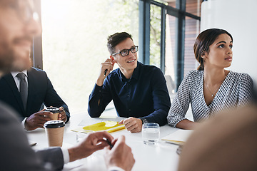 Image showing Planning, data analysis or business people for business meeting, invest strategy or company finance investment. Collaboration, thinking or teamwork on tax data analytics or global financial network