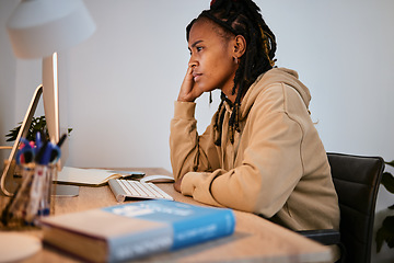 Image showing Computer, thinking and education with a student black woman feeling stress while remote learning at home. University, research and idea with a female pupil suffering from anxiety while studying