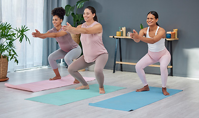 Image showing Pregnant, fitness or women in yoga class for balance, body exercise or workout in house living room. Pregnancy, wellness or healthy friends with a happy smile in maternity training in zen home studio