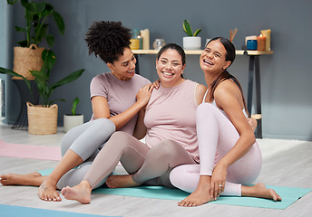 Image showing Pregnant, portrait or women in yoga class hugging or bonding with a happy smile after fitness workout in studio. Pregnancy, relaxing or healthy friends in maternity laughing at funny joke together