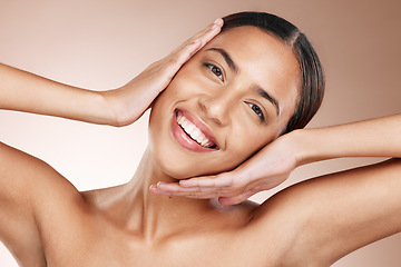 Image showing Woman, skincare and beauty portrait of a model happy about facial and dermatology. Happiness, youth and brown studio background of a young person with a happy smile from spa health aesthetic