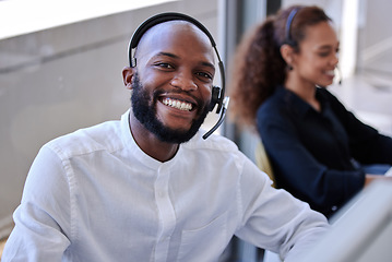 Image showing Black man, call center and office portrait with smile, communication and customer service. Happy crm expert, contact us and telemarketing agent with voip tech, talking and consulting job with woman