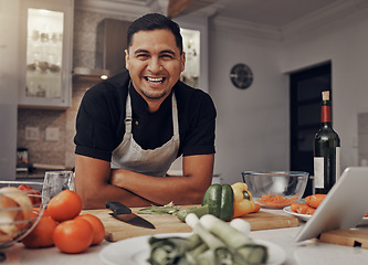 Image showing Man, happy portrait and cooking in kitchen for healthy nutrition, food diet and organic vegetables salad. Young male, chef happiness and smile for green vitamins lifestyle or cook dinner in home