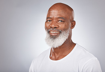 Image showing Senior black man, face and self care with skincare, dermatology and cosmetics for clean, glow and fresh skin. Portrait of African male with a beard on grey studio background for beauty spa treatment