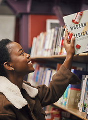 Image showing Black woman, student and book in library for medical exam, pills and healthcare education, learning about pharmaceutical drugs. Reading information, learn and study, medicine research with pharmacy