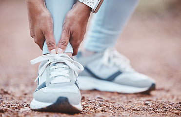 Image showing Foot injury, fitness accident and woman in nature with a body emergency, training pain and arthritis. Muscle problem, inflammation and feet of a runner with an injured ankle during outdoor cardio