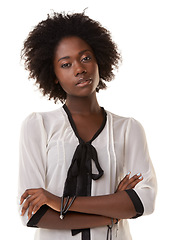 Image showing Black woman, studio portrait and arms crossed with focus, serious and beauty by white background. Isolated woman, african and face for clothes, fashion and aesthetic with vision, beautiful and pride