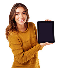 Image showing Woman, portrait or tablet mockup screen on isolated white background for college elearning, video call or ecommerce. Smile, happy or model on technology mock up for logo branding or digital marketing