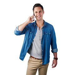 Image showing Phone call, happy and portrait of a man in a studio with a casual, stylish and cool outfit. Communication, smile and male model from Canada on a mobile conversation isolated by a white background.