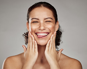 Image showing Woman, skincare and beauty portrait of a model smile from facial and spa treatment in studio. Brown background, isolated and wellness of a person face with happy skin glow from dermatology detox