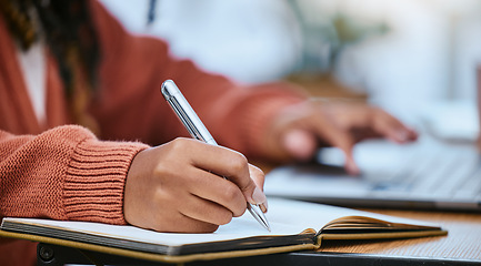 Image showing Student, writing and hand with notebook for studying, learning and creative notes for academic class. University, college and zoom of hands with pen to write schedule information, planning and ideas