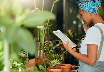 Image showing Tablet, small business or black woman working on a digital strategy in store for flowers or plants commerce. SEO, agro manager or entrepreneur thinking or networking online with a retail supplier