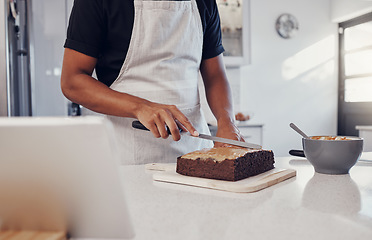 Image showing Decoration, baking and man with a cake in the kitchen for birthday food, dessert and pudding. Cooking, preparation and baker learning to decorate a sweet treat for a celebration on a table in a house