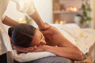 Image showing Woman at spa for massage with therapist and holistic treatment, wellness and self care with aromatherapy. Luxury service, health and peace with skincare to relax at salon, masseuse hands for zen.