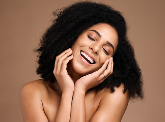 Image showing Skincare, beauty and portrait of black woman on brown background for wellness, healthy and glowing skin. Dermatology, makeup and hands on girl face for cosmetics, beauty products and facial treatment