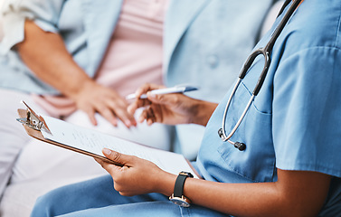 Image showing Clipboard, nurse hands and patient checklist for healthcare questions, research and medical history data. Closeup doctor writing notes, planning and consulting documents for help, trust and medicine