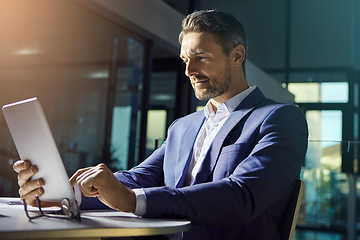 Image showing Business man, tablet and working ceo financial worker planning with web finance analytics. Office, senior investment employee and boss typing a tech strategy report for a stock market growth company