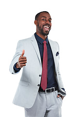 Image showing Portrait, handshake and welcome with a business black man in studio isolated on a white background for marketing. Meeting, thank you and b2b with a male employee shaking hands on blank space