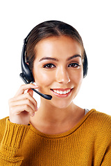 Image showing Telemarketing, crm and portrait of woman with white background with smile, isolated with communication. Call center, customer support and girl in headset at help desk for customer service in studio.