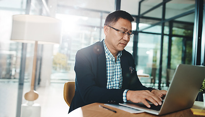 Image showing Office laptop, typing and Asian man reading feedback review of social media, customer experience or ecommerce website. Data analytics, infographic and marketing employee analysis of online survey