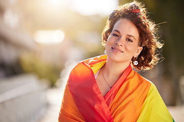 Image showing Love, equality and woman with pride flag in city, happy non binary lifestyle of freedom, peace and rainbow in Brazil. Happiness, summer and fun for gender neutral people in lgbt community with smile.