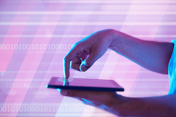 Image showing Fingerprint, futuristic and hands of man with tablet for binary communication, ux or internet. Future tech, 3d neon or biometric of person pressing to unlock digital touchscreen for web browsing.