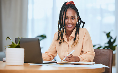 Image showing Black woman, laptop and student smile portrait writing and planning strategy in home office. African girl, university education and happy working on digital tech devices for remote online learning