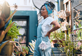 Image showing Tired black woman, business owner and plant shop for garden, nursery or greenhouse retail. Entrepreneur working in plants startup store or market for sustainability, environment and gardening growth