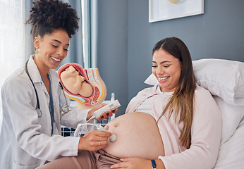 Image showing Pregnant, woman and doctor with heart rate monitor for baby healthcare, medical support or hospital gynecology. Pregnancy maternity consultation, patient stomach and gynecologist with fetal doppler