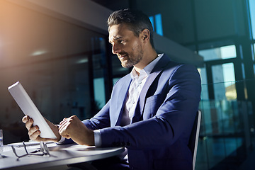 Image showing Thinking, tablet and working business man planning with web finance trading analytics. Office, accounting investment employee and boss typing a tech strategy report for a stock market company