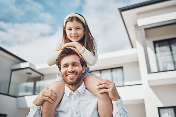 Image showing Portrait, family and children with a girl sitting on the shoulders of her father outdoor at their new home. Love, kids and real estate with a man and daughter bonding outside their house together