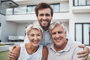 Image showing Family, happy portrait and new home for property real estate, happiness together and retirement lifestyle. Senior parents smile, son and hug for moving, homeowner and relax bonding for love outdoor